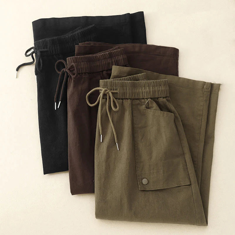 Buddha Stones Vintage Plain Drawstring Button Design Slide Slite Women's Cotton Linen 7-8 Length Skirt With Pockets
