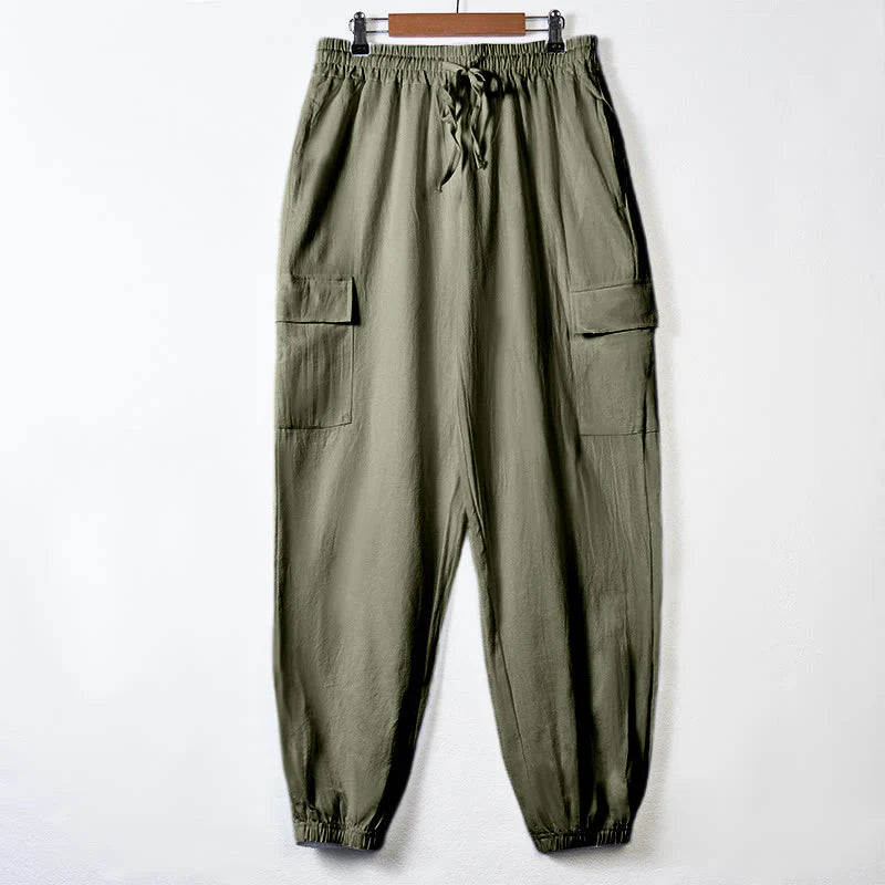 Buddha Stones Solid Color Linen Drawstring Men's Cargo Pants With Pockets