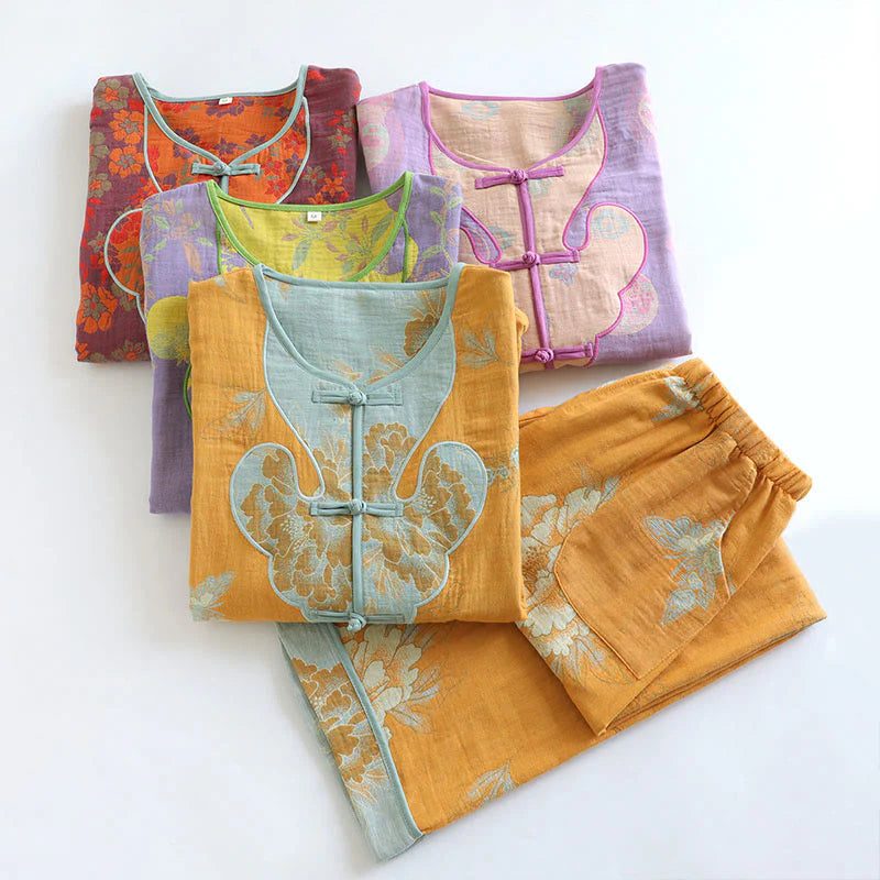 Buddha Stones 2pcs Frog-Button Printed Long Sleeve Cardigan Shirt Pants With Pockets Cotton Set