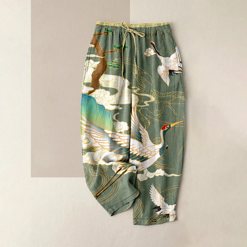 Buddha Stones Cotton Casual Flying Cranes Auspicious Clouds Tree Women's Elastic Waist Pants With Pockets