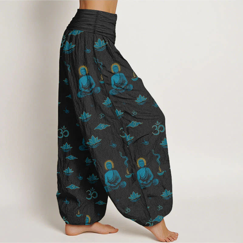 Buddha Stones Cotton Om Symbol Lotus Cloud Buddha Pattern Women's Elastic Waist Harem Pants