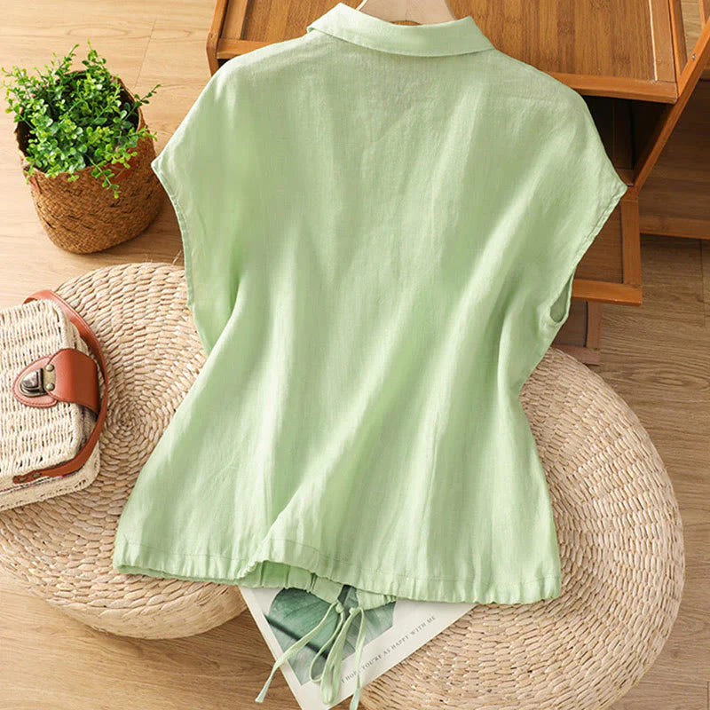 Buddha Stones Summer Plain Color Button Short Sleeve Women's Cotton Shirt