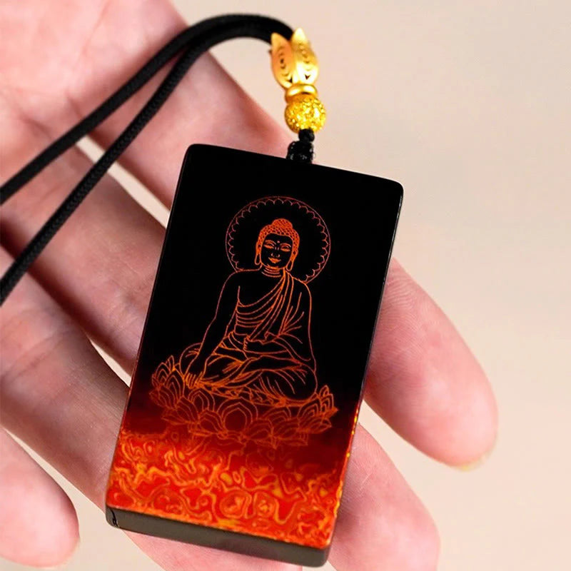 Buddha Stones Chinese Zodiac Natal Buddha Fu Character Lacquer Craft Sandalwood Pendant Necklace