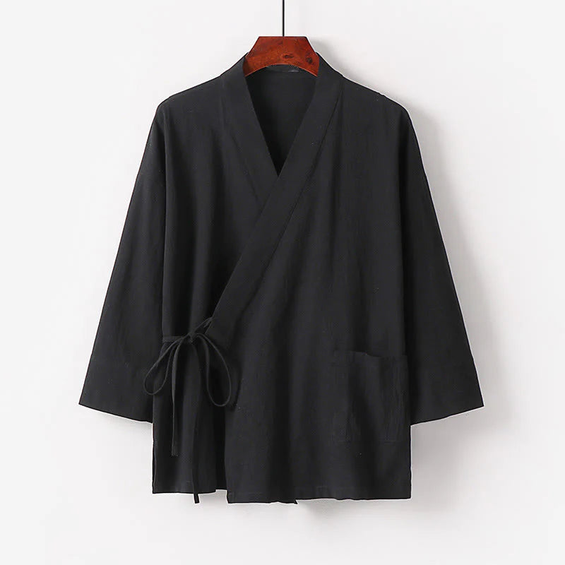 Buddha Stones 2Pcs Fall Lace-up Cotton Kimono Ankle-Length Wide Leg Pants With Pockets Men's Meditation Cloth Set