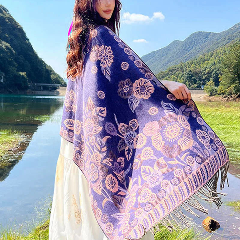 Buddha Stones Jacquard Ethnic Paisley Plants Pattern Tassel Soft Thermal Scarf Shawl