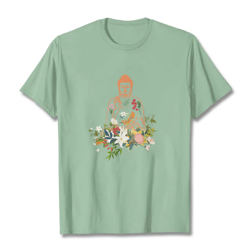 Buddha Stones Meditating Buddha Blooming Flowers Pattern Tee T-shirt