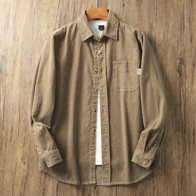 Buddha Stones Lapel Corduroy Solid Color Men's Long Sleeve Cotton Thickened Jacket With Pockets
