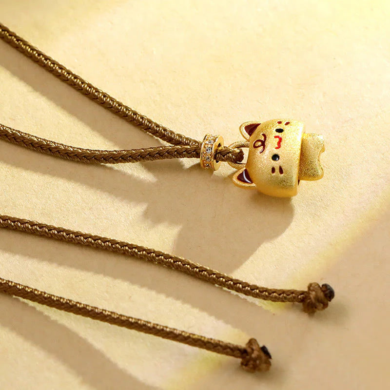 Buddha Stones Cute Cat Copper Plated Gold Adjustable Braided Rope Protection Necklace Pendant