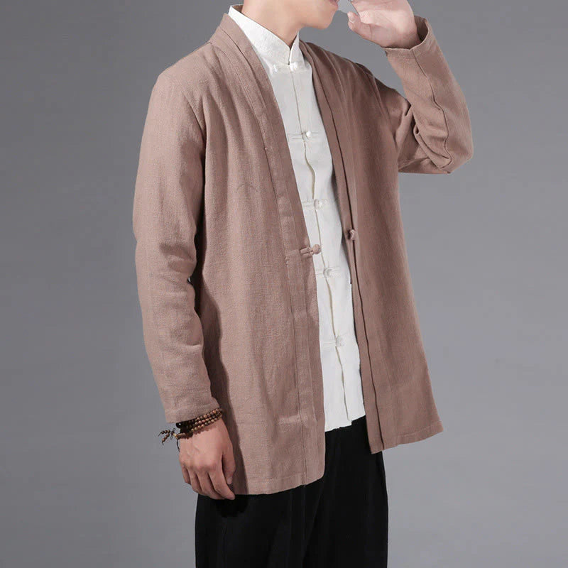 Buddha Stones Plain Simple Design Open Front Cotton Linen Men's Long Sleeve Jacket Kimono