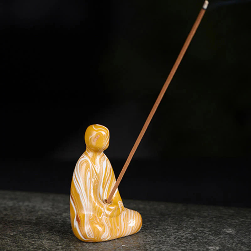 Buddha Stones Mini Formless Buddha Ebony Wood Lacquer Craft Peace Incense Stick Holder Decoration