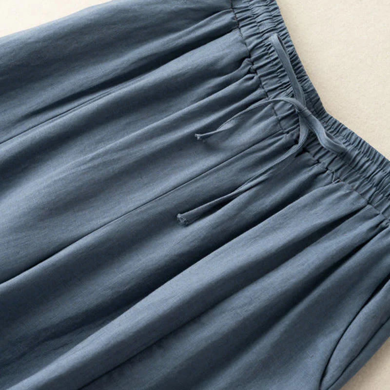 Buddha Stones Plain Color 7-8 Length Capri Cropped Pants Cotton Linen Women's Wide Leg Pants With Pockets