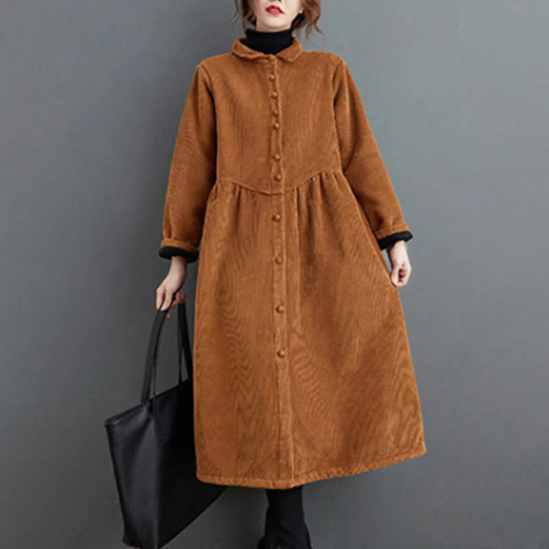 Buddha Stones Plain Buttons Long Sleeve Women's Cotton Corduroy Fleece-Lined Coat With Pockets