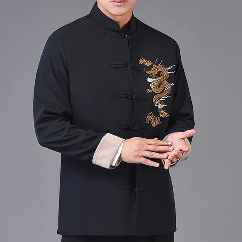 Buddha Stones Embroidery Dragon Frog-Button Desgin Long Sleeve Men's Jacket
