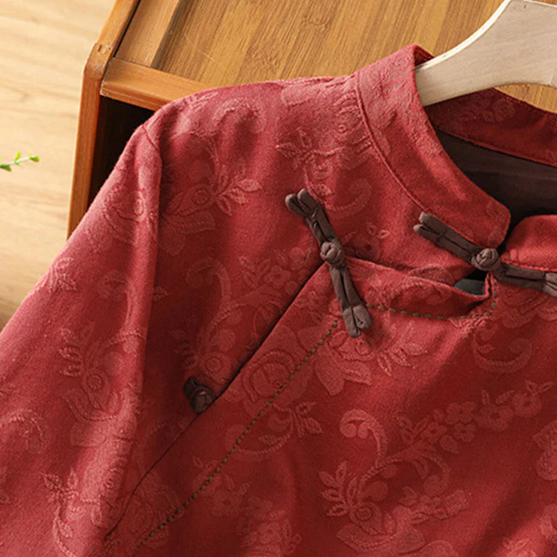 Buddha Stones Fall Jacquard Floral Print Frog-Button Stand Collar Long Sleeve Women's Cotton Shirt