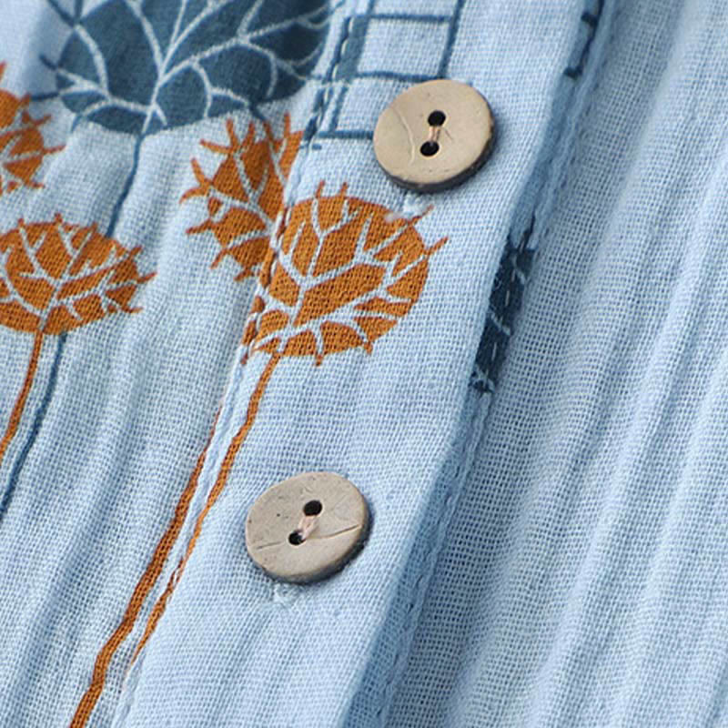 Buddha Stones Printed Half Button DesignThree Quarter Gathered Sleeve Women's Cotton Shirt