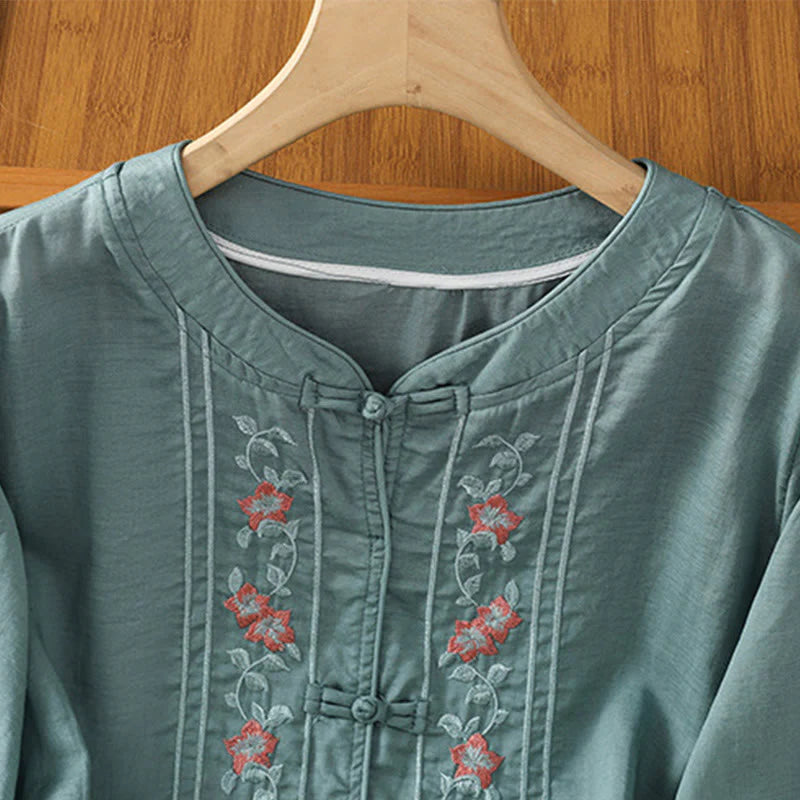 Buddha Stones Casual Embroidery Frog-Button Cotton Polyester Half Sleeve Women's Stand Collar Shirt