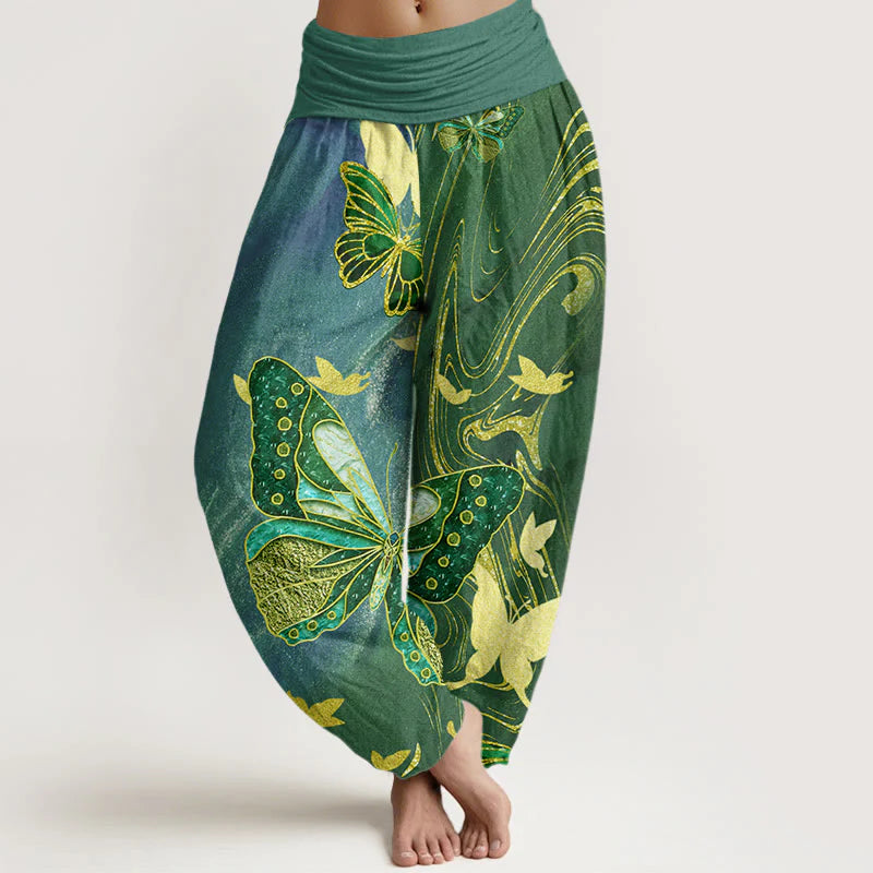 Buddha Stones Cotton Casual Butterfly Gold Line Pattern Women's Elastic Waist Harem Pants