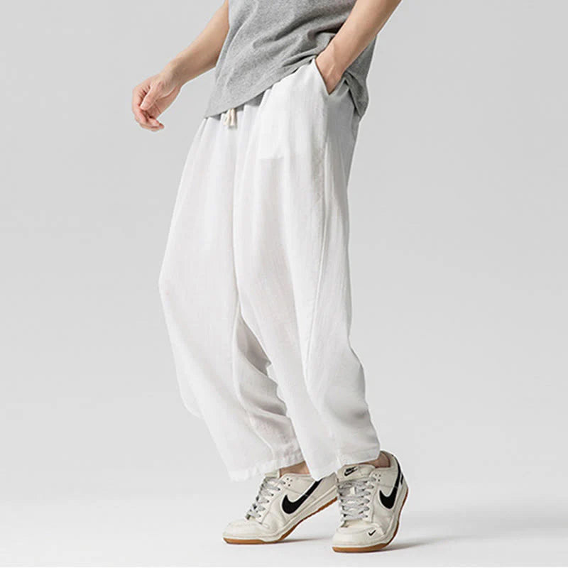 Buddha Stones Summer Pure Color Drawstring Men's Cotton Ankle-Length Pants With Pockets