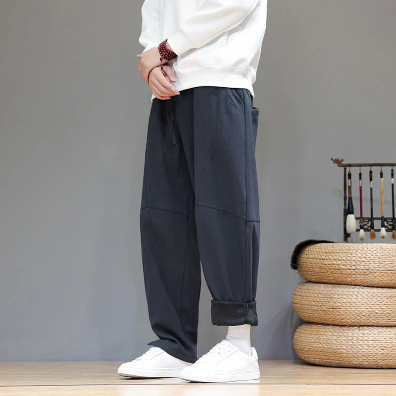 Buddha Stones Winter Solid Color Fleece-lined Men's Cotton Linen Pants With Pockets