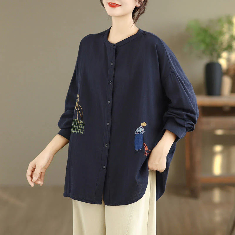 Buddha Stones Fall Embroidery Human Figure Dog Pattern Round Neck Buttons Women's Long Sleeve Shirt