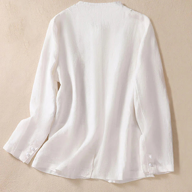 Buddha Stones Women's Cotton Linen Stand Collar Long Sleeve Shirt With Pockets