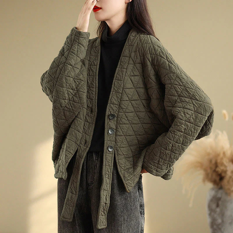 Buddha Stones Women's Buttons Long Sleeve Thickened Cotton Jacket With Pockets