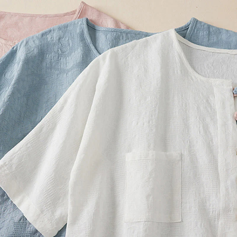 Buddha Stones Casual Flower Colorful Frog Button Half Sleeve Cotton Linen Women's Shirt