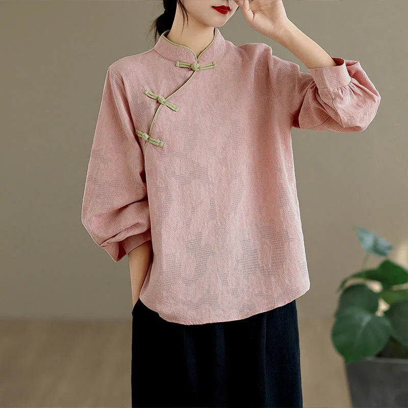 Buddha Stones Spring Traditional Floral Frog-Button Stand Collar Long Sleeve Women's Cotton Shirt