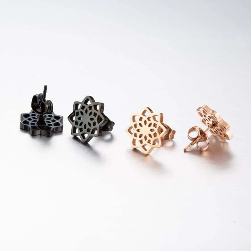 Buddha Stones Tibetan Lotus Pattern New Beginning Stud Earrings