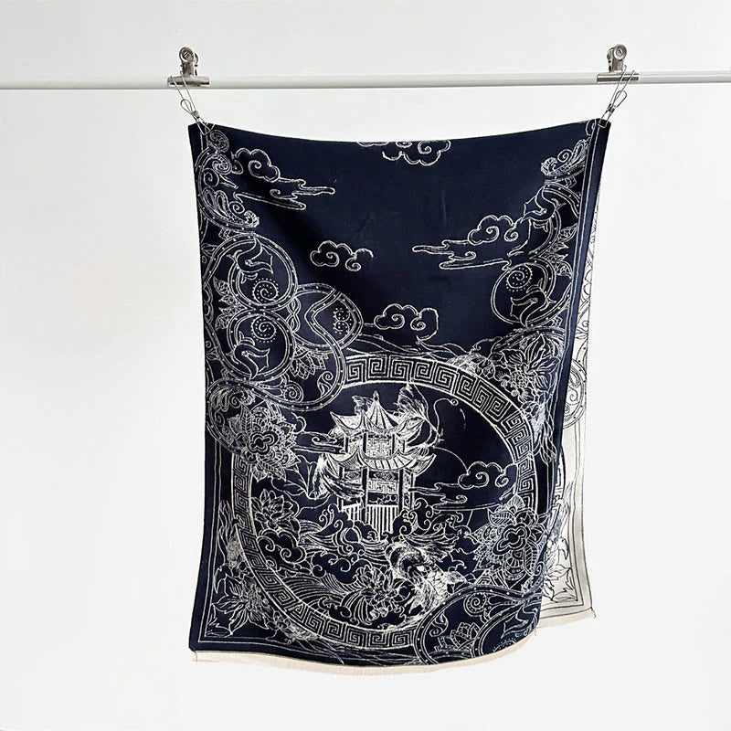 Buddha Stones Fall Pavilion Koi Fish Flowers Waves Pattern Cozy Scarf Shawl