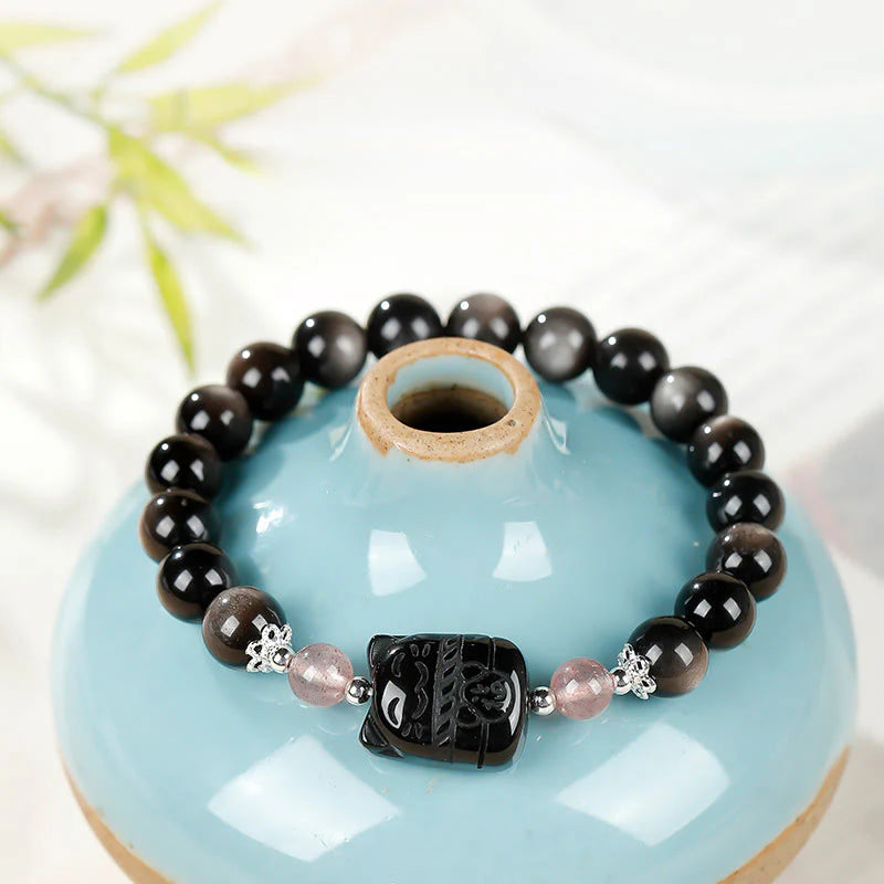 Buddha Stones Cat Silver Sheen Obsidian Strawberry Quartz Protection Bracelet