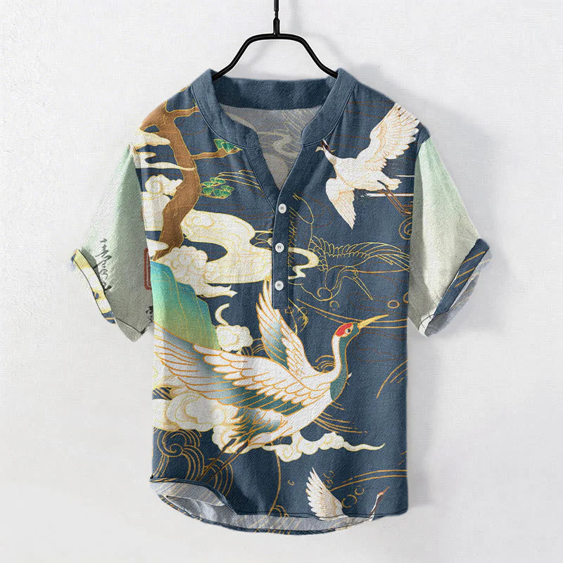 Buddha Stones Cotton Crane Auspicious Clouds Pine Pattern Men's Short Sleeve Half Button Shirt