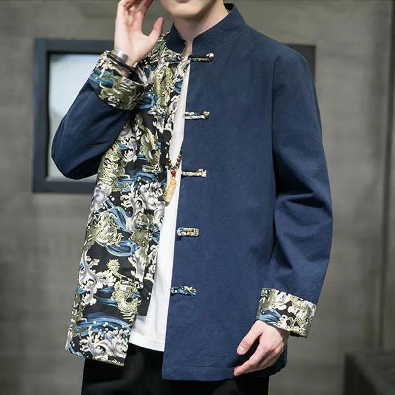 Buddha Stones Printed Color Contrast Dragon Pattern Frog-button Long Sleeve Men's Cotton Jacket