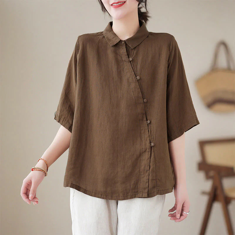 Buddha Stones Lapel Frog-Button Diagonal Placket Design Three Quarter Sleeve Women's Cotton Shirt