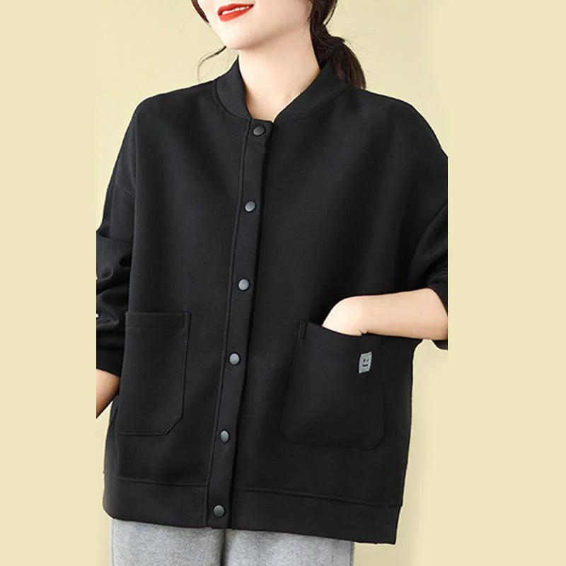 Buddha Stones Plain Women's Buttons Crew Neck Long Sleeve Cotton Jacket With Pockets