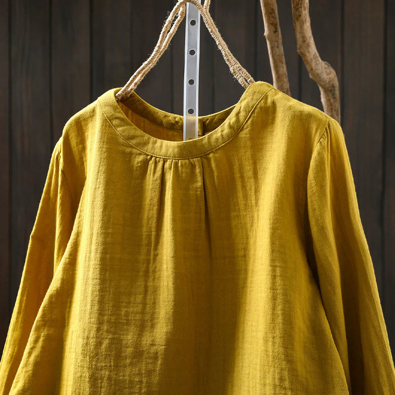 Buddha Stones Fall Crew Neck Back Button Down Design Long Sleeve Women's Cotton Shirt