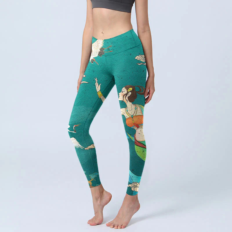 Buddha Stones Elegant Fairy Crane Cloud Pine Tree Pattern Print Gym Leggings Women's Yoga Pants