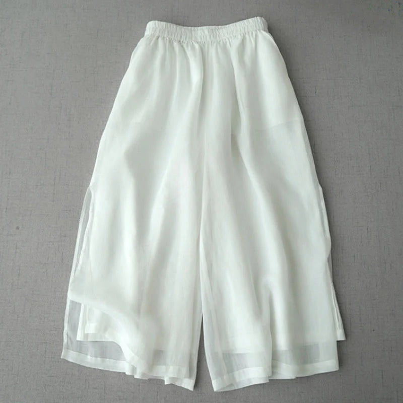 Buddha Stones Casual Plain Ramie Slit 7-8 Length Women's Wide Leg Pants With Pockets