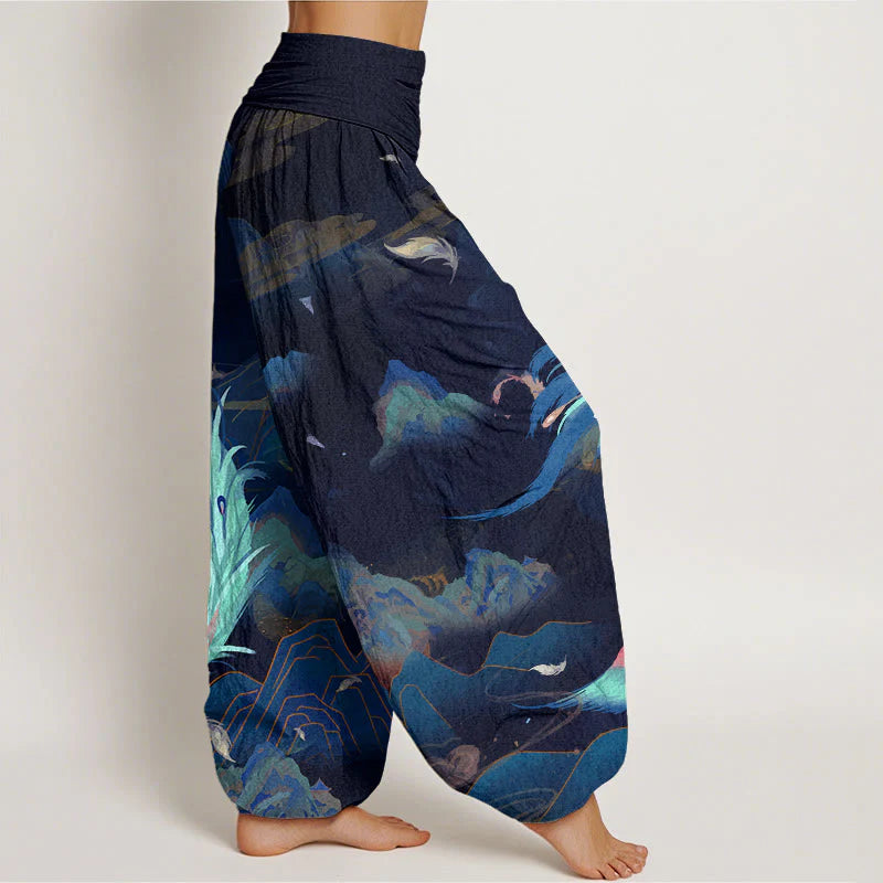 Buddha Stones Cotton Phoenix Mountain Cloud Pattern Women's Elastic Waist Harem Pants