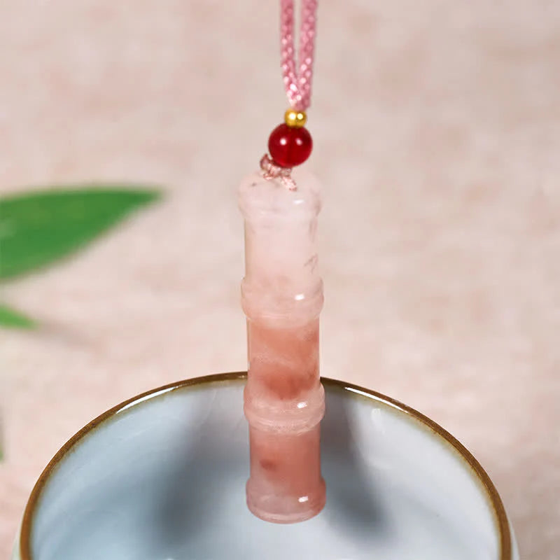 Buddha Stones Craved Bamboo Natural Pink Quartzite Jade Protection Necklace Pendant