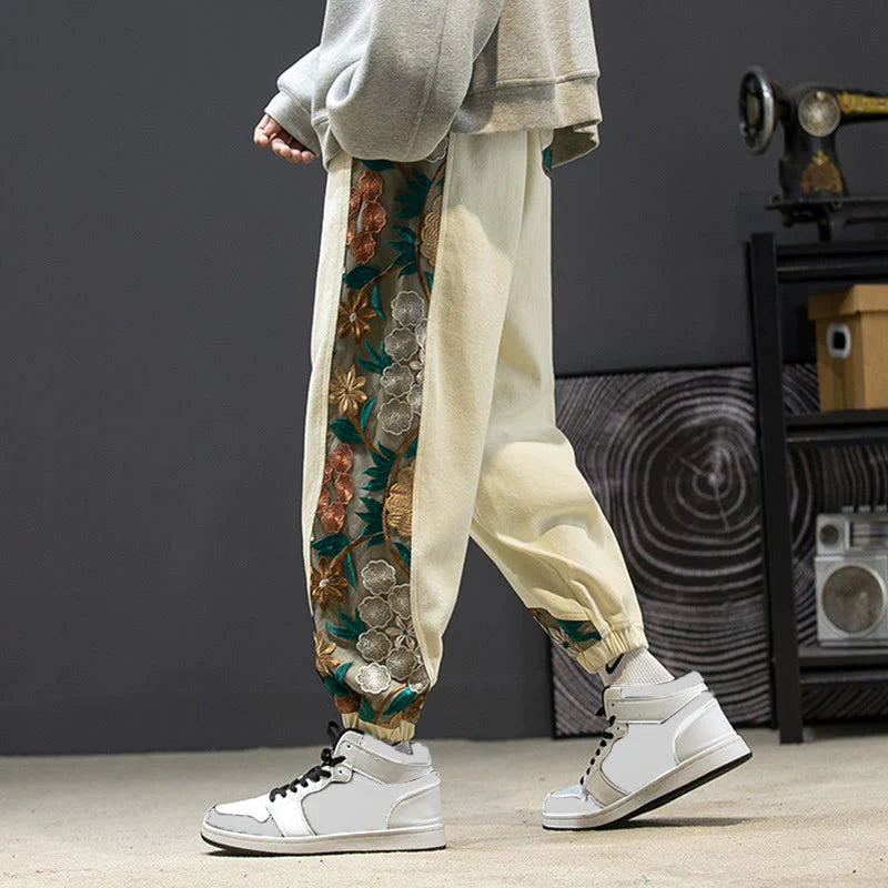 Buddha Stones Spring Men's Embroidered Flower Pattern Patchwork Cotton Pants With Pockets