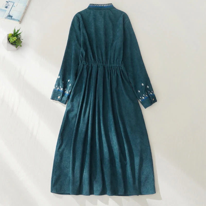 Buddha Stones Embroidered Floral Pattern Lace-up Design Long Sleeve Midi Dress With Pockets