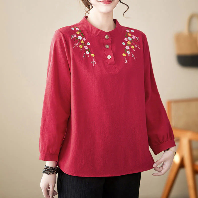 Buddha Stones Women's Spring Embroidered Flower Pattern Stand Collar Long Sleeve Cotton Shirt