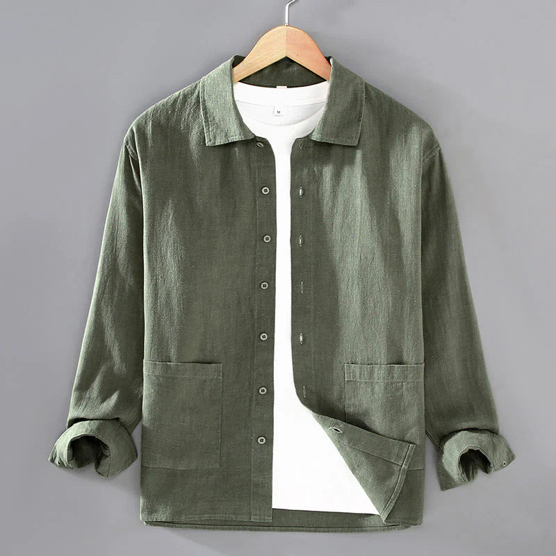 Buddha Stones Solid Color Long Sleeve Buttons Shirt Men Ramie Cotton Clothing With Pockets