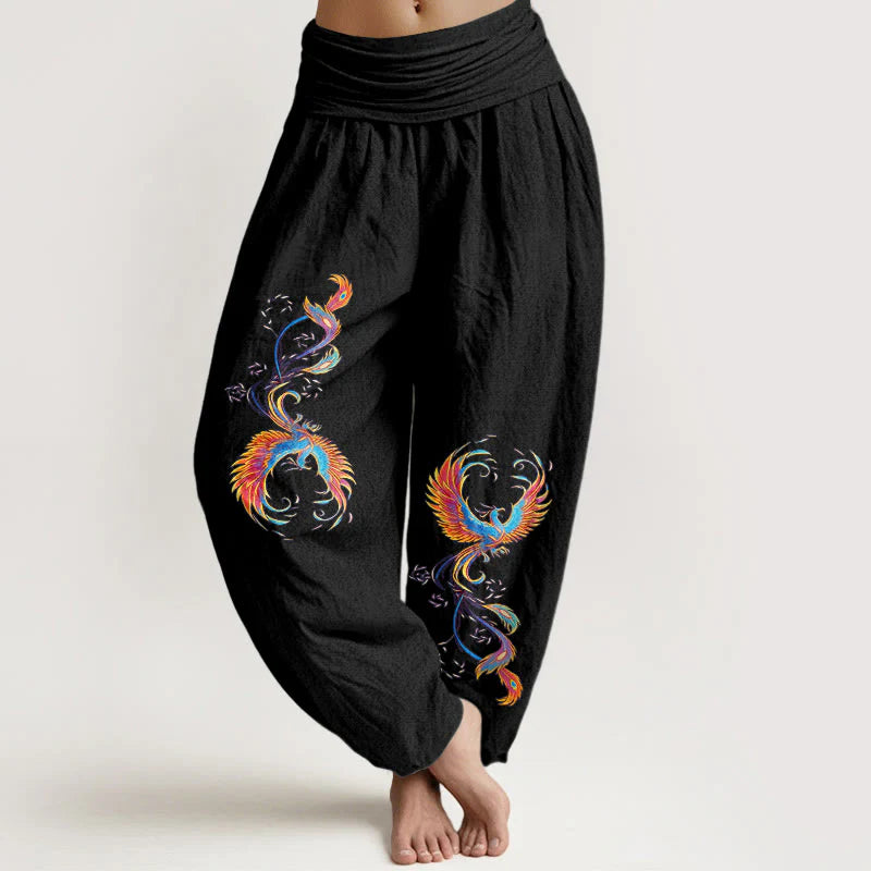 Buddha Stones Pure Cotton Gorgeous Phoenix Pattern Women's Elastic Waist Harem Pants