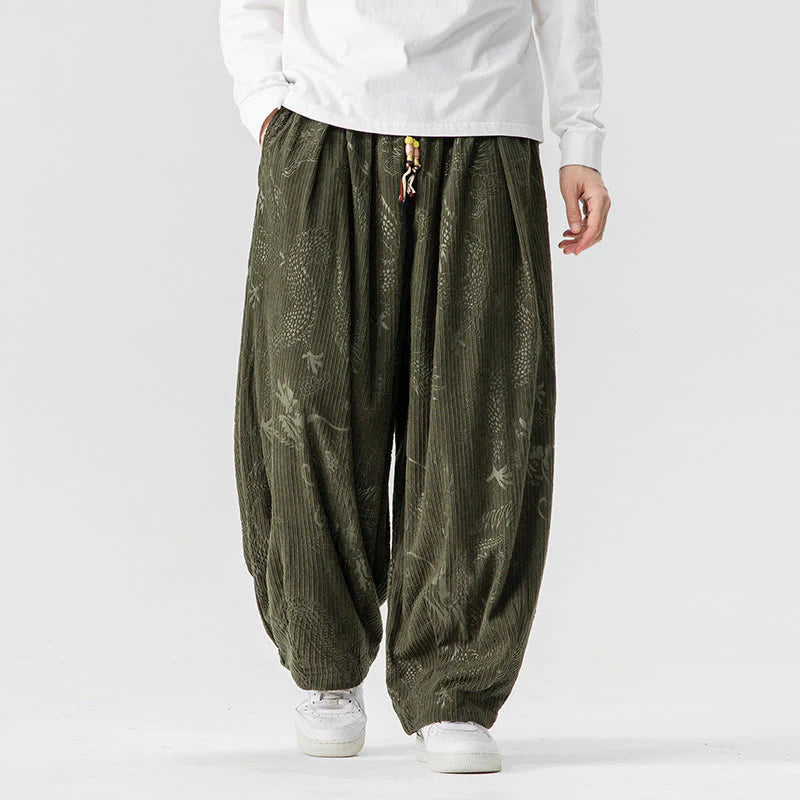 Buddha Stones Winter Dragon Phoenix Pattern Cotton Corduroy Men's Harem Pants With Pockets