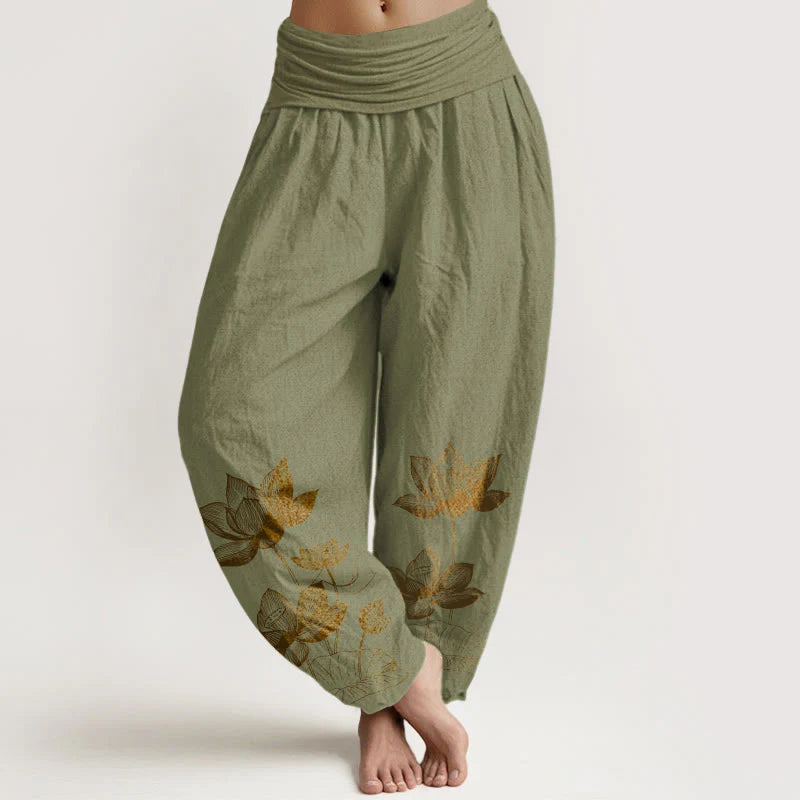Buddha Stones Pure Cotton Line Drawing Lotus Flower Pattern Women's Elastic Waist Harem Pants