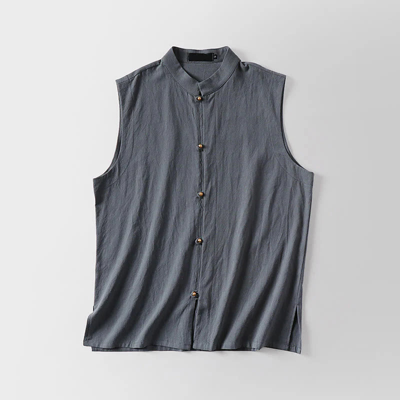 Buddha Stones Summer Solid Color Stand Collar Men's Cotton Linen Sleeveless Vest