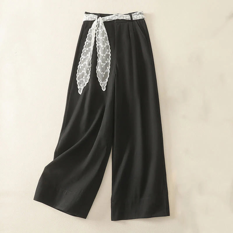 Buddha Stones Daily Solid Color Lace Belt Women's Wide Leg Cotton Pants With Pockets