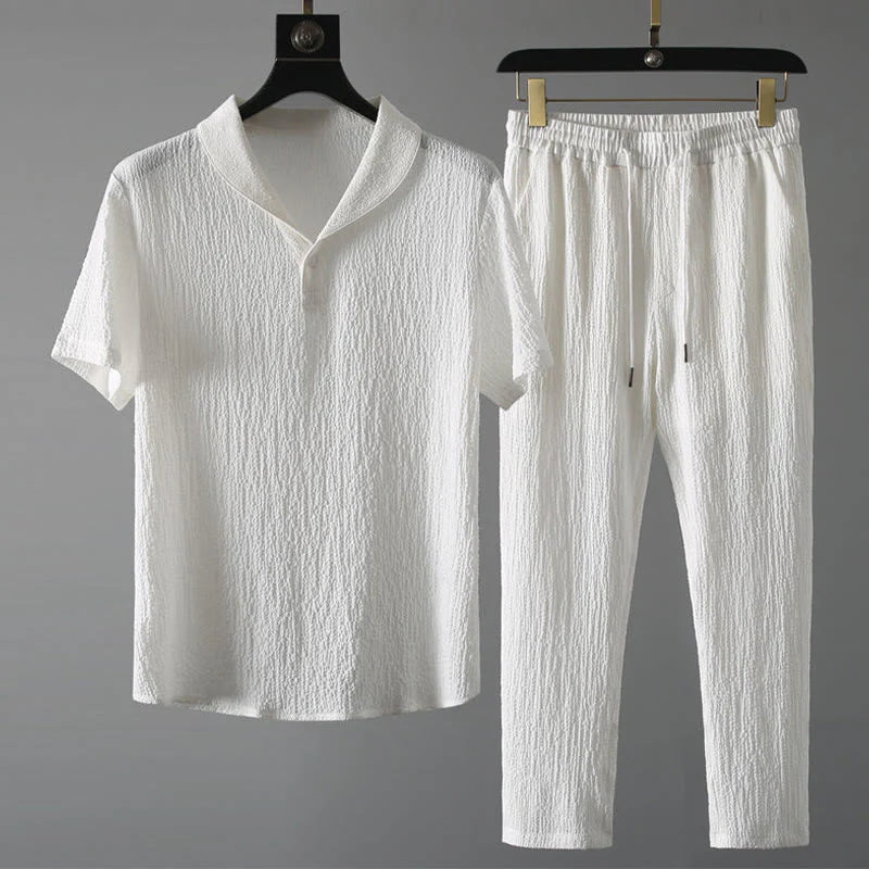 Buddha Stones 2Pcs Solid Color Wrinkle V-Neck Short Sleeve T-shirt Pants Clothing Men's Set